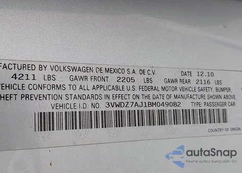 2011 Volkswagen Jetta 2.5L Se z USA, uszkodzony, nr VIN 3VWDZ7AJ1BM049082